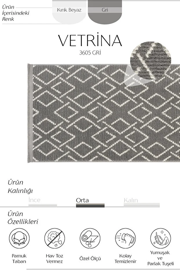 Vetrina 3605 Gri Etnik Desenli Iskandinav Yolluk Antre Hol Koridor Halısı Yatak Odası Halı Yolluk